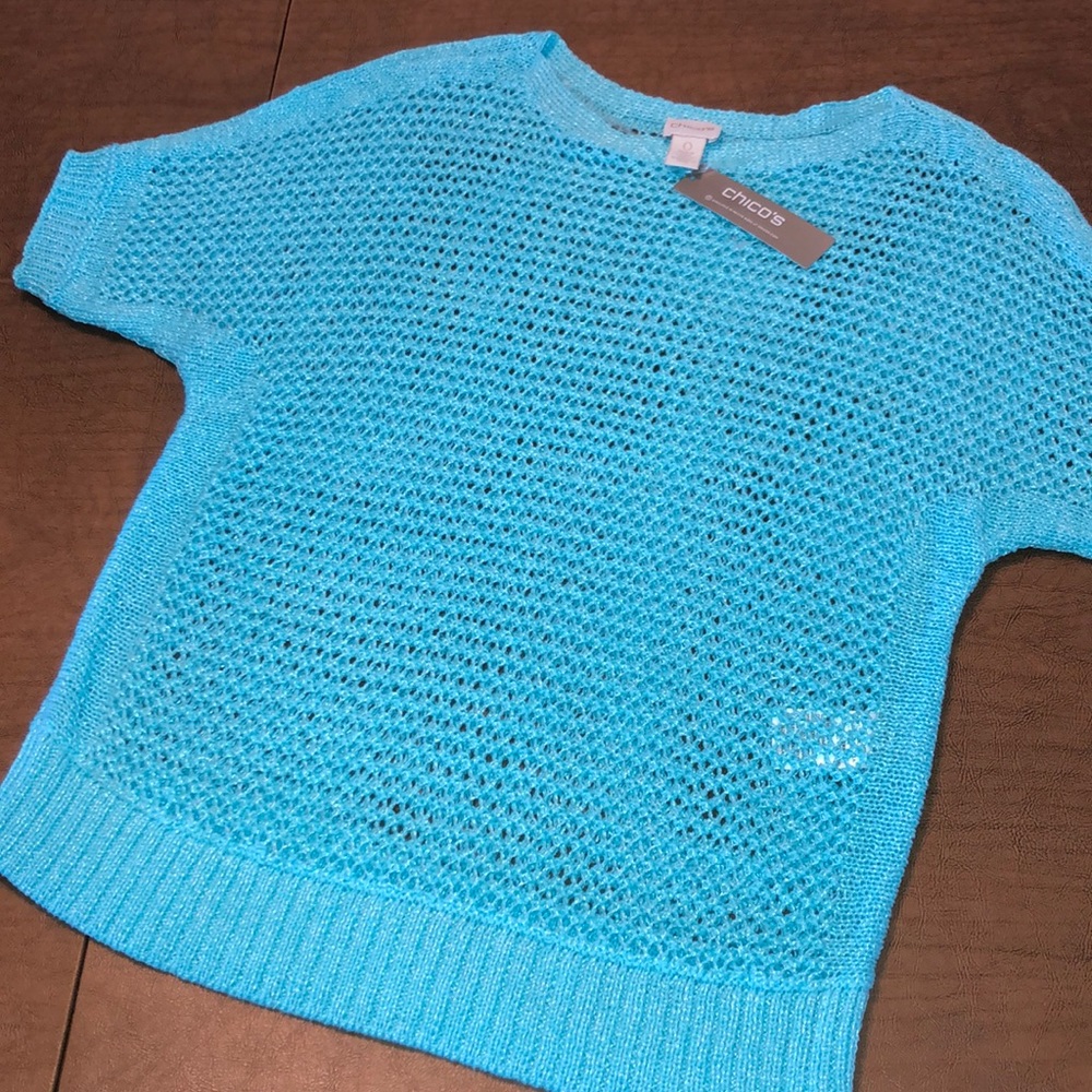 Aqua CHICO'S Open Knit Short Sleeve Sweater Size 0